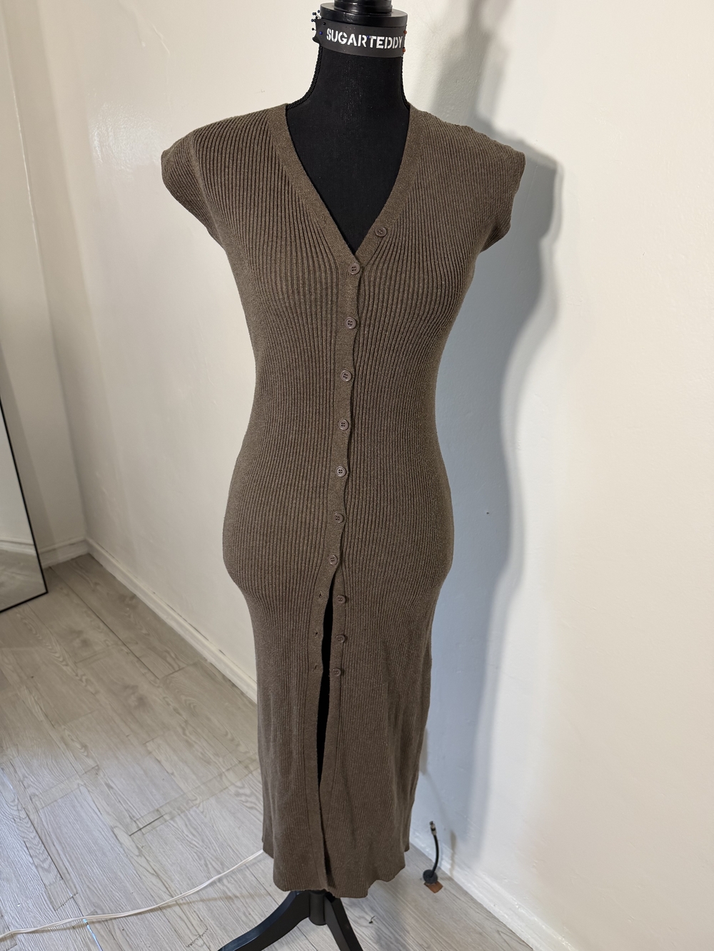 Brown Ribbed Button-Front Midi Dress